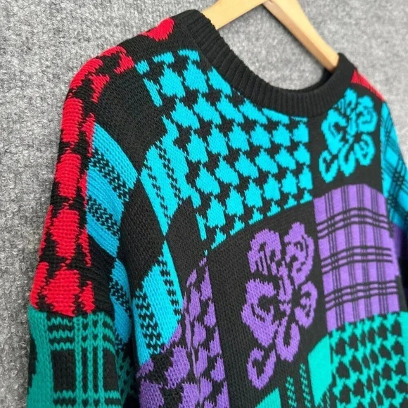 Vintage 80s Patchwork Sweater Womens M/L Colorful Relaxed Long Knit Pullover Top - Picture 6 of 15
